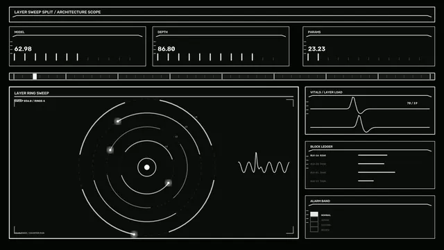 Monochrome orbital interface with circular sweeps — orbital interface wallpaper at 3840x2160