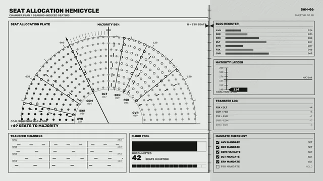 Seat allocation semicircle with election data panels — seat allocation wallpaper at 3840x2160