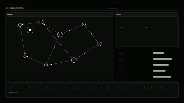Hypothesis graph on a black diagnostic grid — node graph wallpaper at 3840x2160