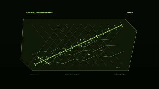 Luminous radar grid with diagonal plume vector — radar interface wallpaper at 3840x2160