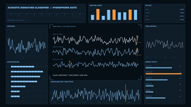 Hydrophone signal dashboard in blue and orange — acoustic dashboard wallpaper at 3840x2160