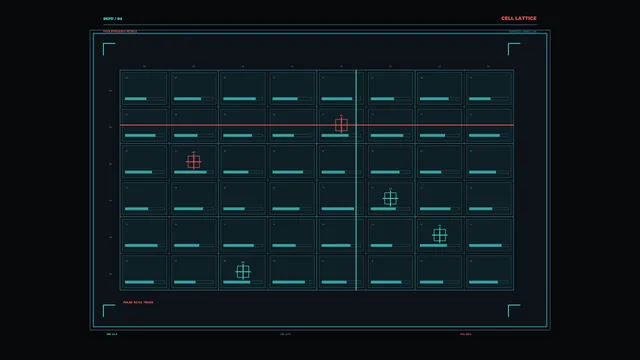 Teal Cell Lattice with Red Tracking Lines — cell lattice wallpaper at 3840x2160