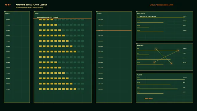 Airborne Dosimetry Ledger in Green and Gold — telemetry interface wallpaper at 3840x2160