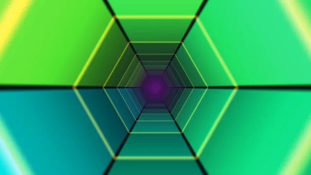 Neon hexagonal tunnel in green and violet light — hexagonal tunnel wallpaper at 3840x2160