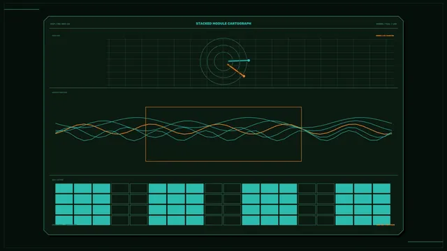 Teal and amber cartographic module grid — technical diagram wallpaper at 3840x2160