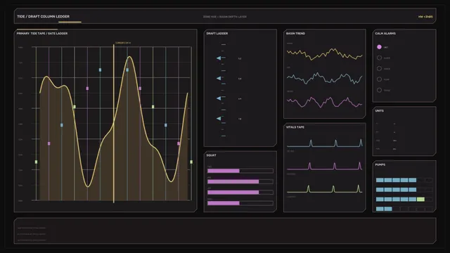 Dark tidal dashboard with luminous chart lines — tidal dashboard wallpaper at 3840x2160