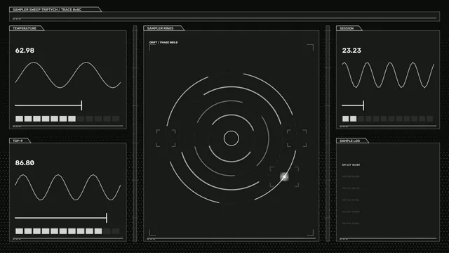 Monochrome sampler rings and waveform panels — sampler interface wallpaper at 3840x2160