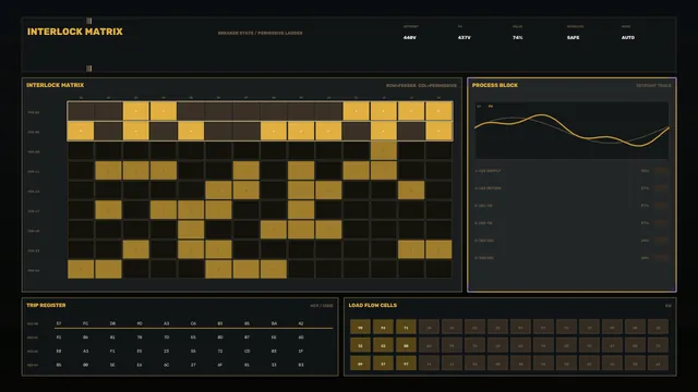 Amber Interlock Matrix Control Dashboard — industrial dashboard wallpaper at 3840x2160