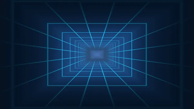 Cyan geometry in a deep blue spatial tunnel — geometric tunnel wallpaper at 3840x2160