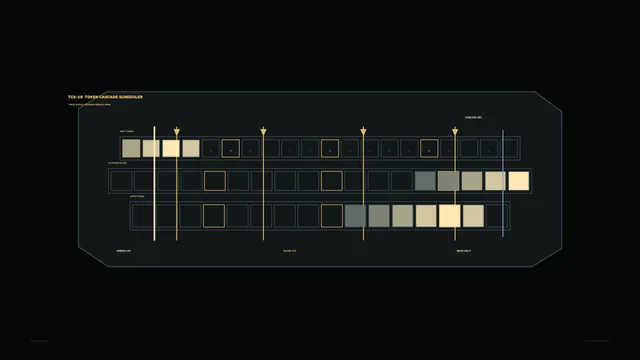 Token cascade scheduler in dark geometric lines — token scheduler wallpaper at 3840x2160