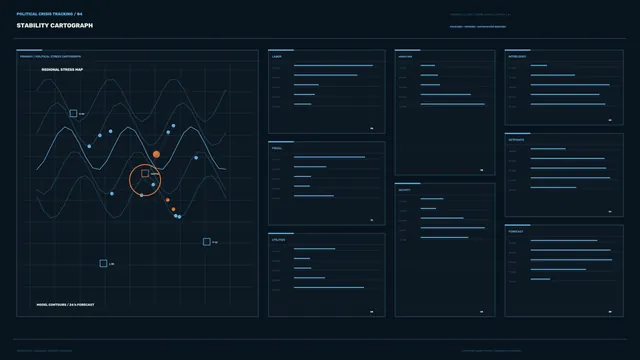 Dark blue political stress cartograph dashboard — political dashboard wallpaper at 3840x2160