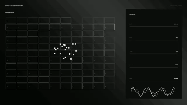 Fleet health matrix in charcoal and white — telemetry dashboard wallpaper at 3840x2160