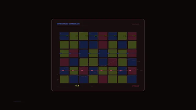 District flow cartograph in a dark grid — cartographic grid wallpaper at 3840x2160