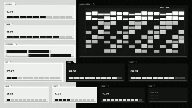 Monochrome cache matrix with modular status panels — monochrome interface wallpaper at 3840x2160