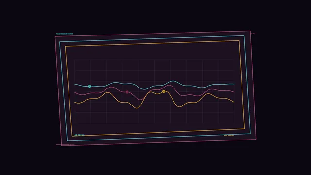 Neon waveform chart in a tilted geometric frame — waveform wallpaper at 3840x2160