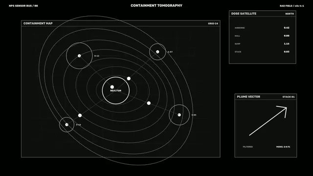 Monochrome containment map with orbital rings — containment map wallpaper at 3840x2160