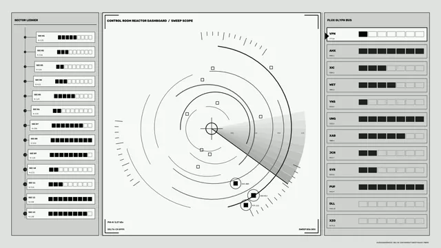 Monochrome reactor dashboard with radial sweep scope — reactor dashboard wallpaper at 3840x2160