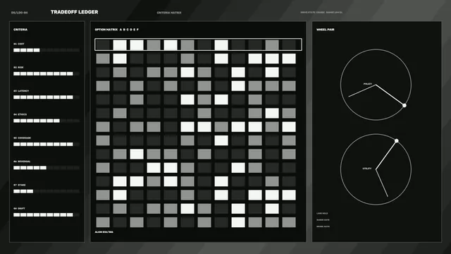 Monochrome tradeoff ledger with matrix and dials — tradeoff ledger wallpaper at 3840x2160