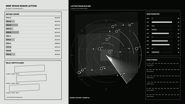 Monochrome radar lattice with orbital geometry — radar lattice wallpaper at 3840x2160