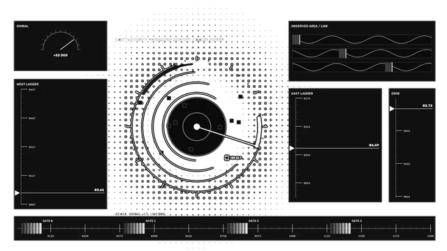 Monochrome orbital survey interface with radial grid — orbital interface wallpaper at 3840x2160