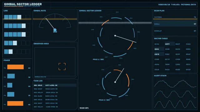 Orbital telemetry dashboard in blue and orange — telemetry dashboard wallpaper at 3840x2160