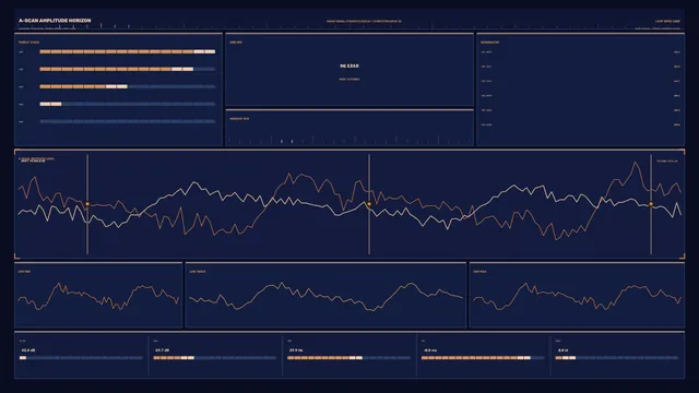 A-scan signal console in navy and copper — signal console wallpaper at 3840x2160