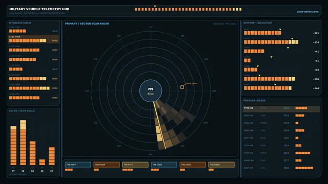 Dark Military Telemetry HUD with Sector Radar — military telemetry wallpaper at 3840x2160