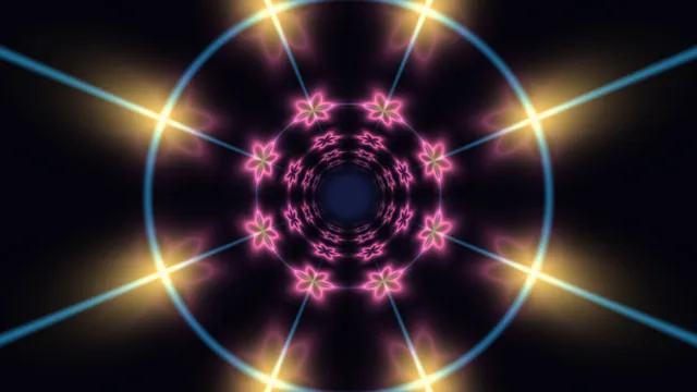 Neon flower mandala in a circular light tunnel — neon mandala wallpaper at 3840x2160