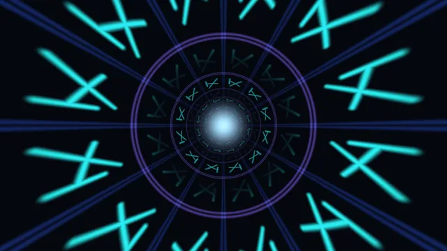 Neon glyphs converging on a luminous centre — neon glyphs wallpaper at 3840x2160