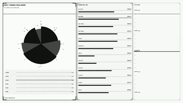 Monochrome thermal yield ledger with radial chart — thermal yield wallpaper at 3840x2160