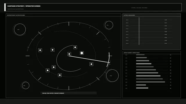Monochrome orbital radar interface with vector marks — radar interface wallpaper at 3840x2160