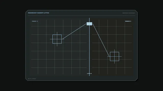 Redundancy handoff lattice in blue and charcoal — technical diagram wallpaper at 3840x2160